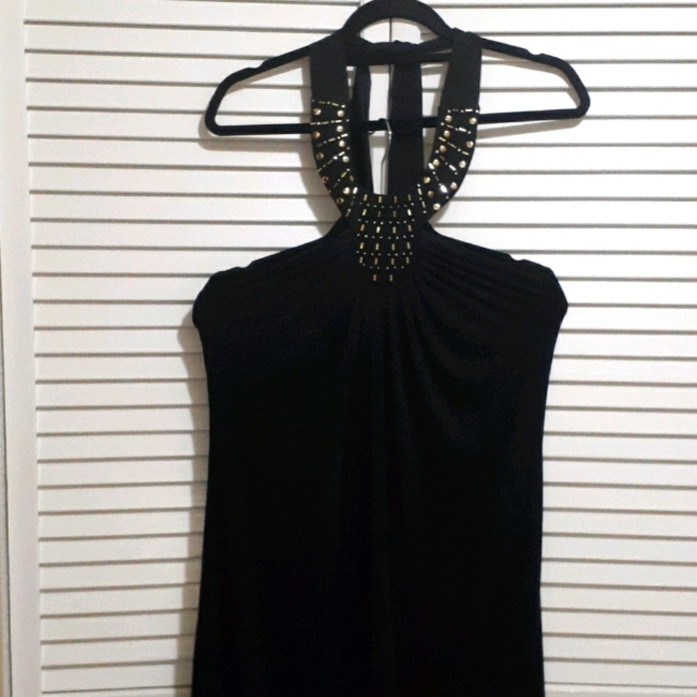 fabulously black beaded neck halter maxi dress